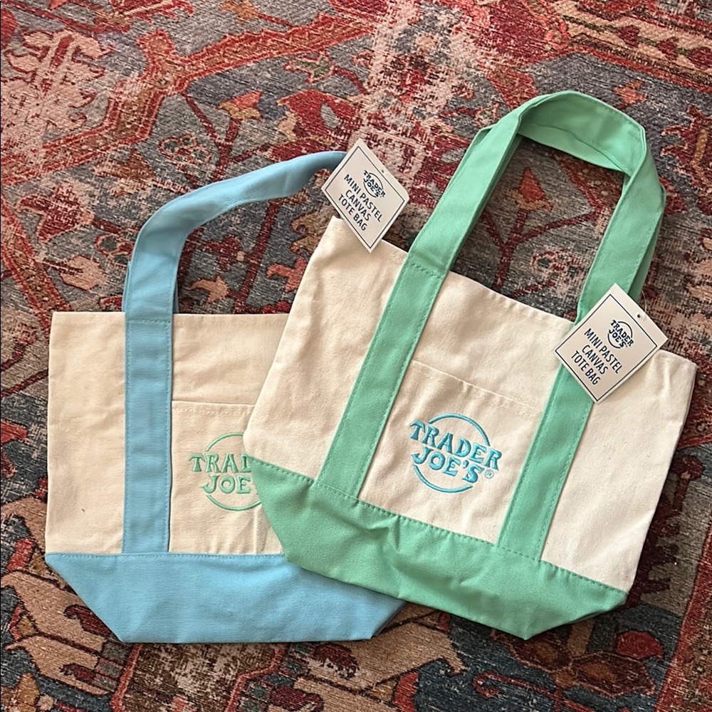 Trader Joe’s Mini Pastel Totes Blue and Green Canvas Tote Bags for Everyday Use